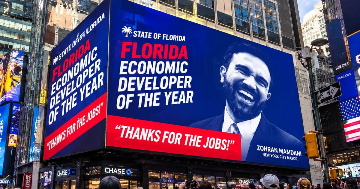 Flórida instala outdoor em Times Square e ironiza Mamdani: “Obrigado pelos empregos”